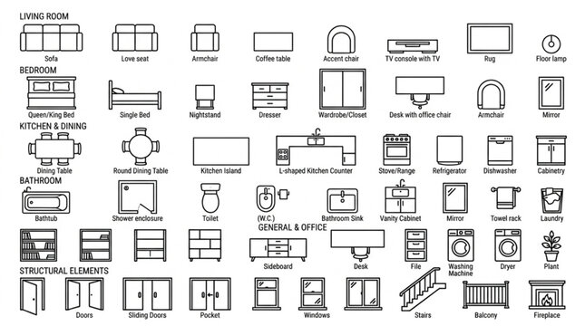 Collection of architectural symbols and furniture icons for interior design plans.