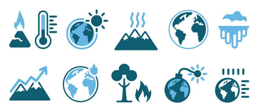 Climate change icon set with global warming symbols, environmental impact and earth temperature rise concept