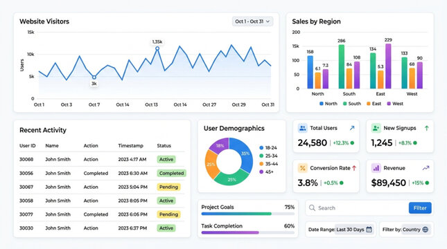 Digital analytics dashboard showing website traffic and user engagement data.