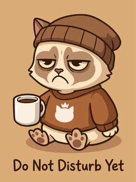 Cute cartoon cat with coffee.