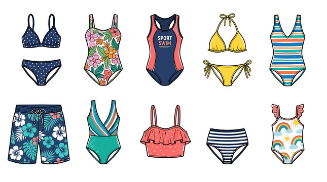 Collection of diverse swimwear styles including bikinis, one-pieces, and shorts with vibrant patterns for summer fashion concept in a hand-drawn vector illustration