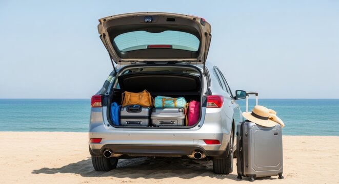 Car packed with luggage on a beach
