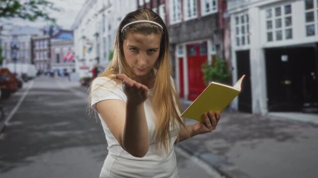 Woman points finger at camera while holding a yellow book on a city street lined with buildings and windows; assertive command.