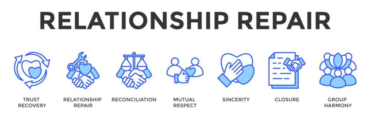 Relationship Repair  Banner Web  Icon Set Collection Pack Vector Illustration Concept Containing Trust Recovery, Relationship Repair, Reconciliation, Mutual Respect, Sincerity, Closure, Group Harmony