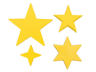 Obraz premium Four vibrant yellow star shapes, both five-pointed and six-pointed, rendered in 3D on a transparent background.