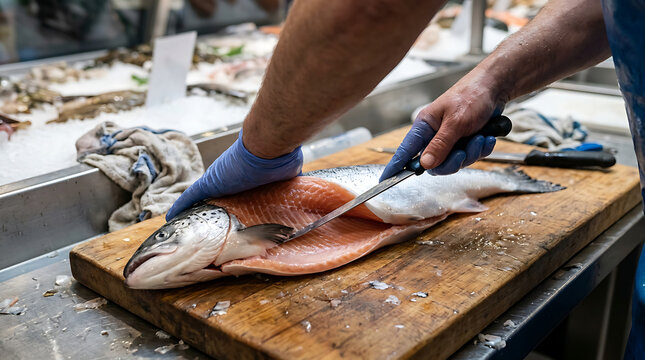 Person cutting salmon on wooden board in kitchen with knife and gloves