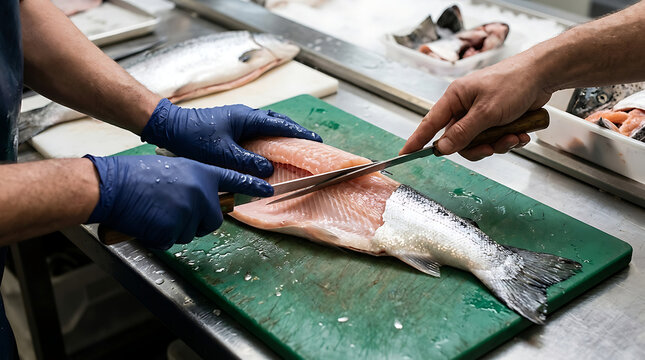 Chef cuts fish on green cutting board in kitchen with gloves on hands