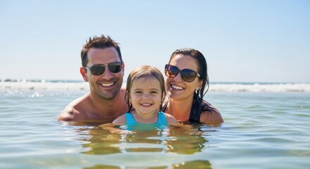 Fototapeta premium Family with child enjoying a swim in the sea on a sunny day