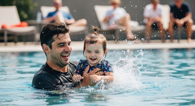 Man playing with baby in swimming pool
