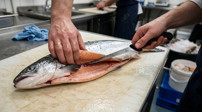 Chef cuts fresh salmon on kitchen counter with sharp knife