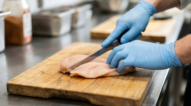 Chef cuts raw fish on wooden board in kitchen with gloves