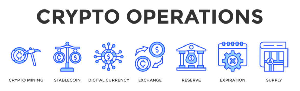 Crypto Operations  Banner Web  Icon Set Collection Pack Vector Illustration Concept Containing Crypto Mining, Stablecoin, Digital Currency, Exchange, Reserve, Expiration, Supply