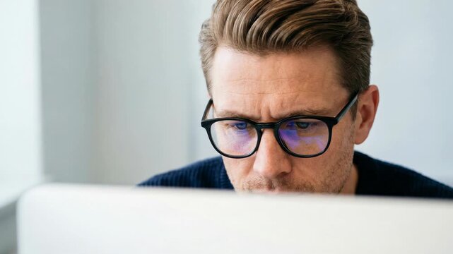 Caucasian adult male professional working diligently in modern office with eyeglasses, intensely focused computer screen. Entrepreneur businessman solving complex problems and thoughtful planning