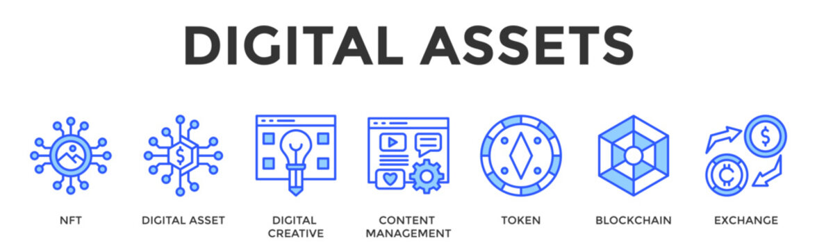 Digital Assets  Banner Web  Icon Set Collection Pack Vector Illustration Concept Containing Nft, Digital Asset, Digital Creative, Content Management, Token, Blockchain, Exchange