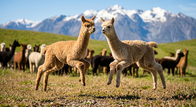 A high-speed action photograph of two young Alpacas (crias) frolicking in a paddock. They are captured mid-pronk, with all four legs off the ground. 