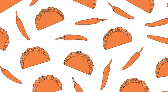 Tacos, vibrant orange hand drawn seamless pattern with spicy chili peppers, Mexican food theme decorative vector illustration design.