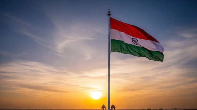 Tall flagpole with the Indian flag waving against a soft sunset sky background