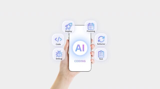 Hand holding smartphone with AI tools for coding, design and project planning for software development.