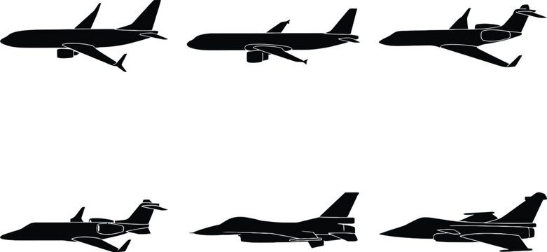 Airplane Side View Profile Silhouette Vector Set Featuring Commercial Airliners, Private Business Jets, and Military Fighter Planes for Aviation Industry, Travel, and Logistics Design Projects