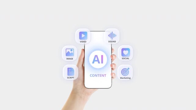 Hand holding smartphone with AI tools for content creation and digital marketing