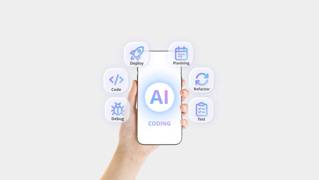 Hand holding smartphone with AI tools for coding, design and project planning for software development.