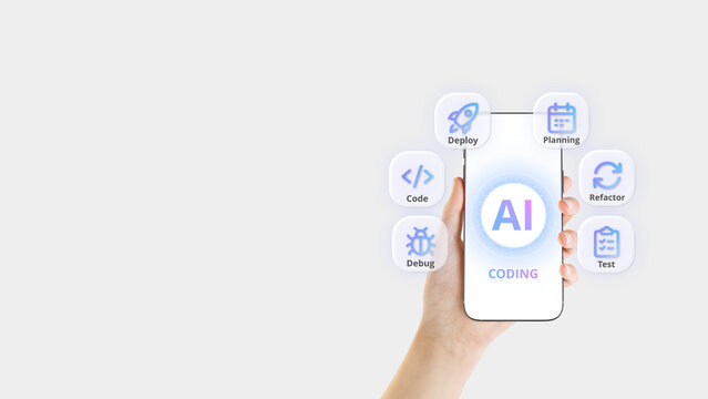Hand holding smartphone with AI tools for coding, design and project planning for software development.