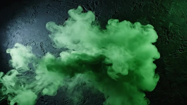 Dynamic green smoke plumes gracefully flow and expand across a dark, rough concrete wall, creating an ethereal and captivating visual effect for various creative projects