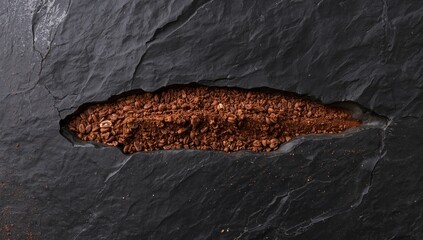 Fototapeta premium A close-up view of dark slate stone featuring a textured groove filled with finely ground coffee beans, showcasing rich brown hues and natural contrast