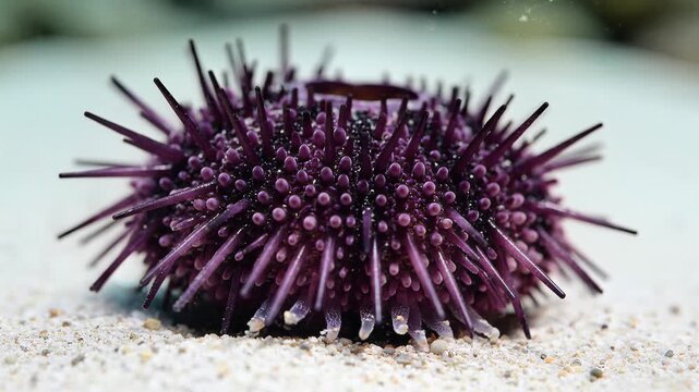 Closeup of a purple sea urchin on a sandy seabed.