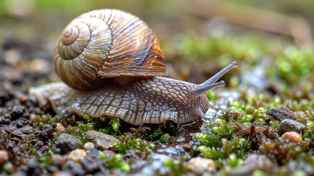 Closeup of a Garden Snail Crawling on Mossy Ground.