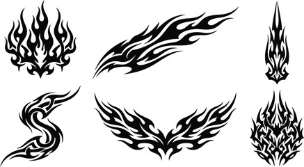 Fototapeta premium Intricate Symmetrical Tribal Flame Vector Set with Sharp Gothic Fire Decal Designs for Automotive Body Wraps, Motorcycle Graphics, Tattoo Art, and Heavy Metal Streetwear Apparel