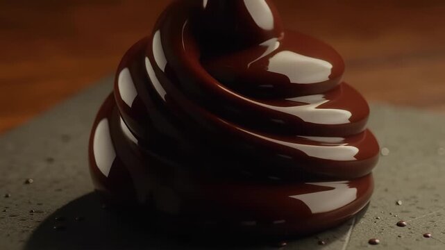 Rich glossy dark chocolate ganache slowly pouring onto flat surface close-up, decadent dessert.