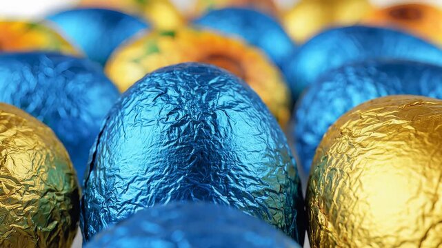 Close up of blue and gold foil wrapped chocolate easter eggs.