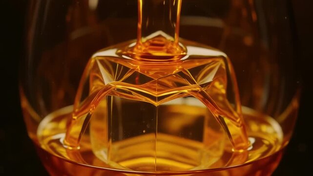Close up slow motion golden liquid pouring onto faceted glass ice cube in brandy snifter.