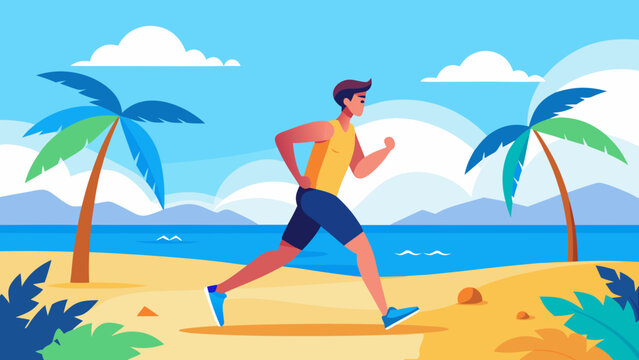 Young man jogging on sandy beach with palm trees and ocean in the background, clear blue sky and distant mountains visible in a vibrant tropical setting