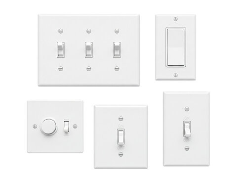 Assortment of modern white residential light switches and dimmer controls.