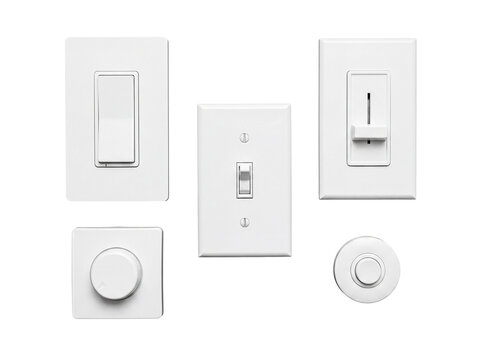 Modern white light switches and various dimmer controls, a realistic 3D render isolated on a transparent background.