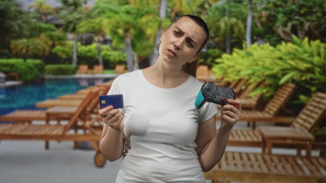 Woman holding gamepad and creditcard, frowning and holding items up with one hand in studio set with pool loungers and palm trees; frustration indecision.