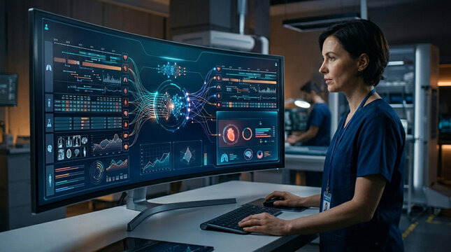 Medical data analysis patient record predictive diagnosis health monitor hospital screen clinical dashboard nurse healthcare technology digital interface diagnosis support