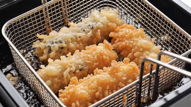 Delicious golden fried shrimp being cooked in a deep fryer basket.