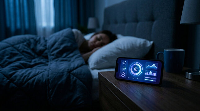 Sleep tracking app on phone beside bed in dark bedroom with blue light and sleeping person