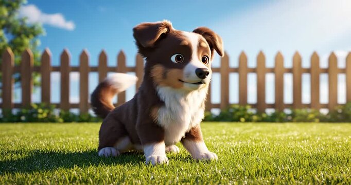 Playful puppy standing on green grass in a sunny backyard with a wooden fence in the background