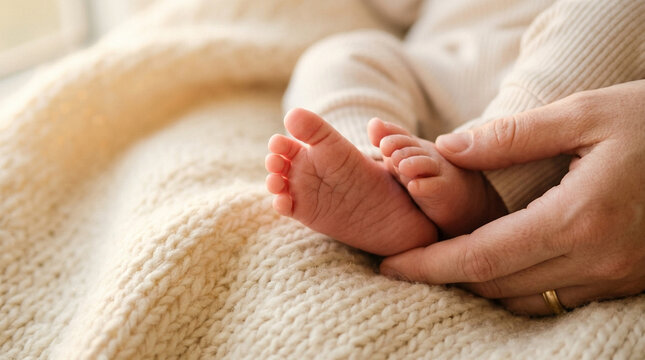 Baby feet in hand on knitted blanket, warm soft light, close view, peaceful newborn comfort