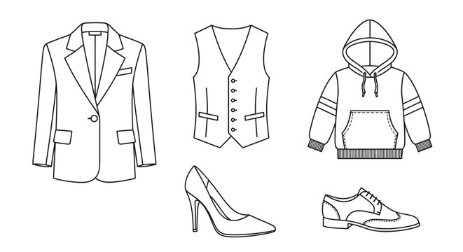 Fashion apparel line art icons set with blazer, hoodie, and shoes
