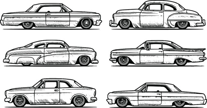 Classic Lowrider Car Line Art Vector Set Featuring Vintage 1950s and 1960s Custom Sedans for Retro Garage Branding, Automotive Enthusiast Apparel, and Nostalgic Graphic Designs