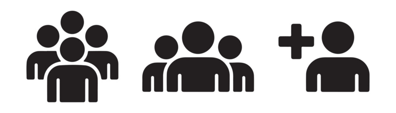 Group of people icon collection showing human silhouettes team members and adding new member button.
