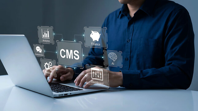 Businessman using CMS content management system dashboard on laptop