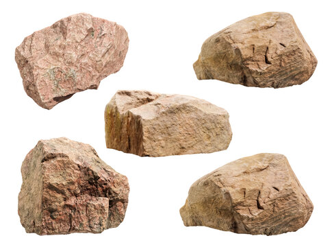 Collection of five realistic natural rocks and stones with diverse textures isolated on transparent background.