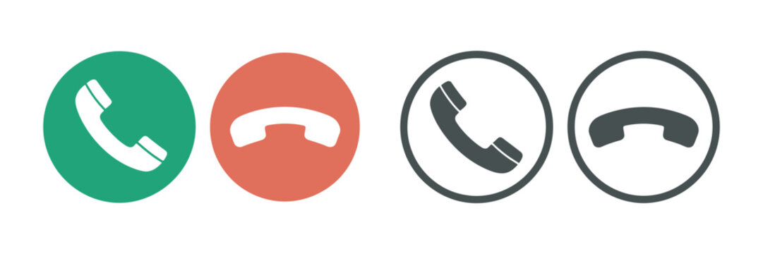 Phone call icon vector set with mobile handset symbol, answer and decline call buttons, dial and contact communication concept, red and green circular buttons, isolated on transparent background