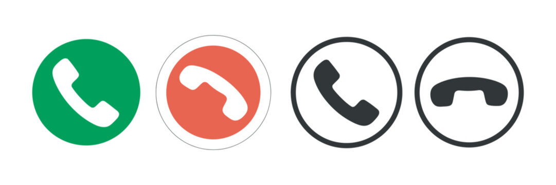 Phone call icon vector set with mobile handset symbol, answer and decline call buttons, dial and contact communication concept, red and green circular buttons, isolated on transparent background